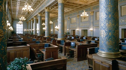 Obraz premium Grand historic legislative chamber with ornate columns, desks, and computers, showcasing government and law