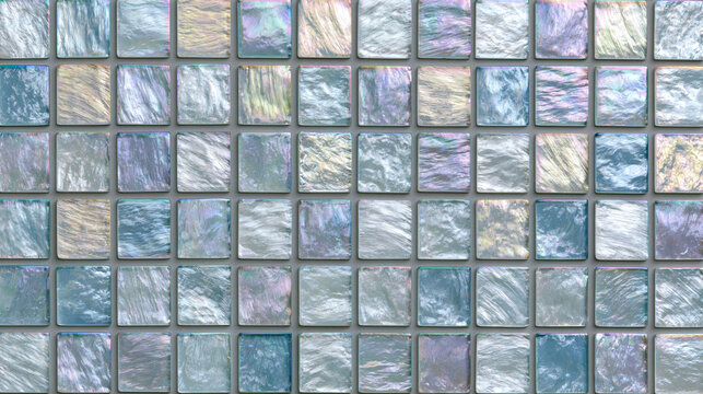 偏光の輝きを放つ、美しく並んだ正方形のガラスタイルのテクスチャ Texture of beautifully arranged square glass tiles emitting an iridescent glow