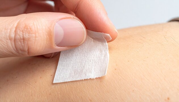 Close-up view of a person applying a small adhesive bandage patch to their skin for minor wound care and medical treatment