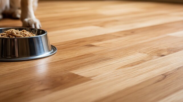 Close-up of a dog's paws near a full metal bowl of dry kibble on a polished wooden floor