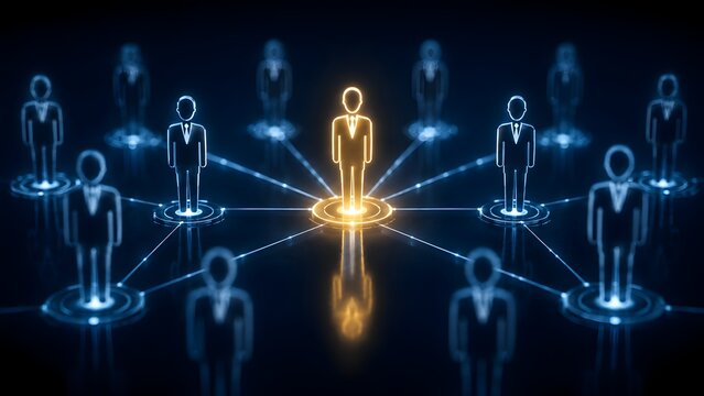 Digital network of glowing human figures with one bright orange leader in the center illustrating corporate structure and team connectivity.