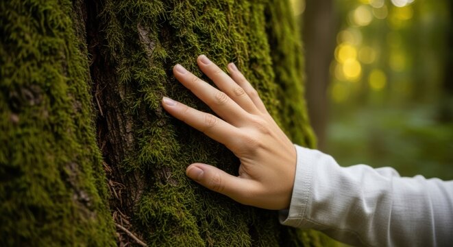 Closeup of a human hand gently touching the mossy bark of an old tree in a lush forest setting