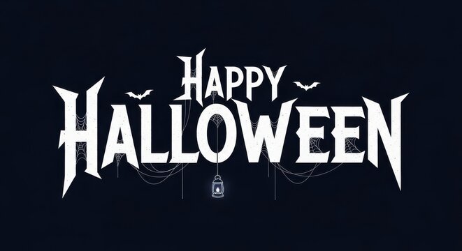Happy halloween text design with spider webs, bats, and a hanging lantern on a dark background