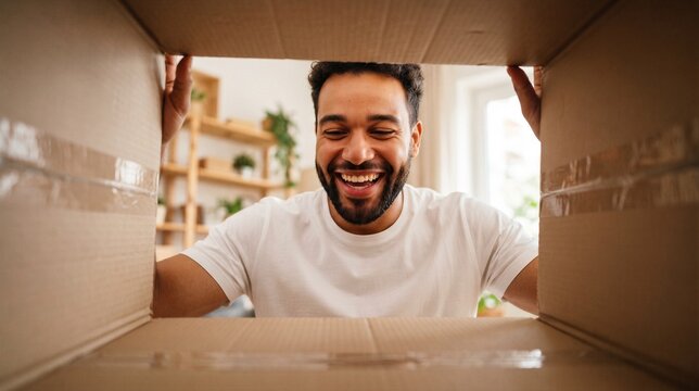 Excited man looking inside a cardboard box, unpacking a delivery at home