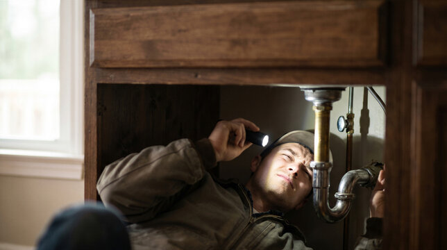 Young plumber lying on the floor and inspecting the pipes under the sink with a flashlight