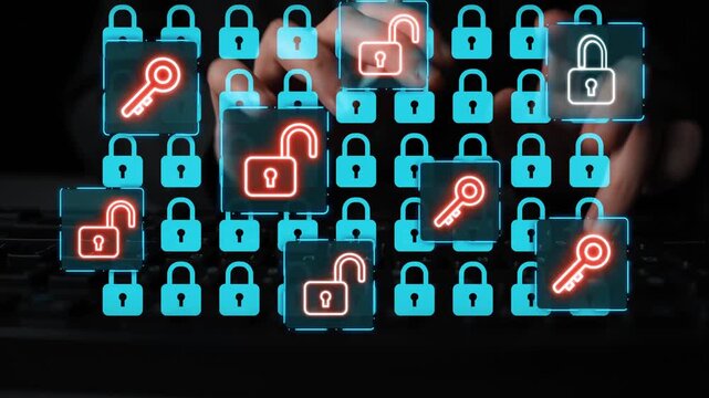 Digital Security Concept with Hands Typing on Keyboard Surrounded by Digital Locks and Keys Illustrating Online Protection and Cybersecurity Challenges. Entropy.