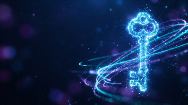 Digital key icon made of glowing particles and light trails on a dark blue background, representing cybersecurity, data encryption, and technology access
