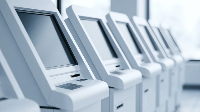 Row of modern self service kiosks with touchscreens in a clean, bright contemporary setting