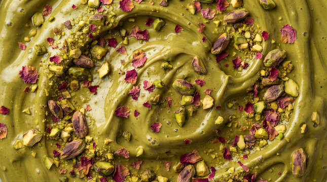 Closeup of creamy pistachio cream spread texture with chopped pistachios and dried rose petals, top view, food background