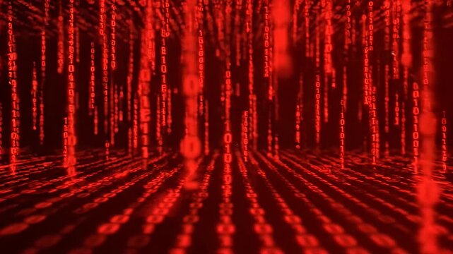 Red matrix binary code falling in digital space.