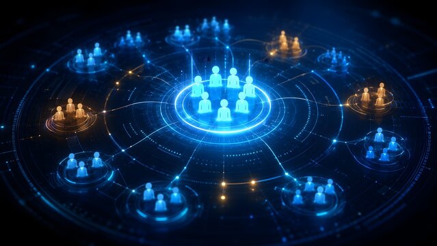 Futuristic global network concept with glowing human avatars in interconnected circular digital nodes, representing online community and cyber security