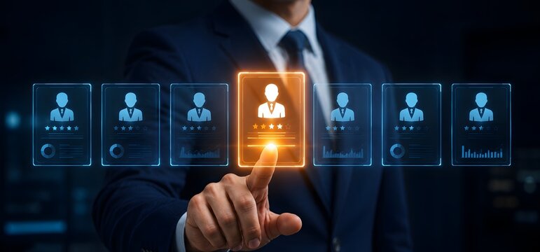 Corporate executive interacting with a digital talent pool interface to select the top rated candidate profile