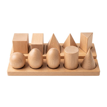 Montessori geometric solids on wooden base. Educational wooden shapes for child development.