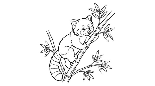 Cute red panda climbing a bamboo stalk illustration for coloring book page.