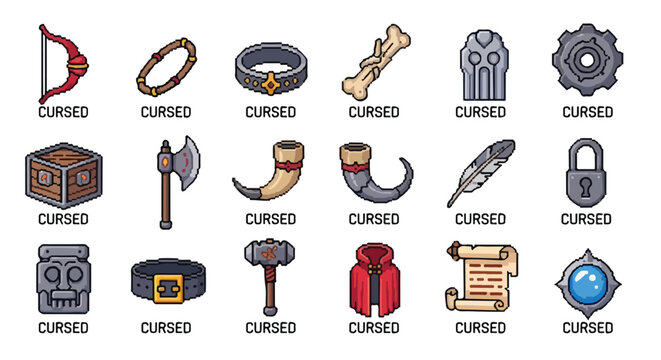 This pixel art vector illustration features eighteen different cursed fantasy RPG items and equipment, each clearly labeled with the word CURSED.