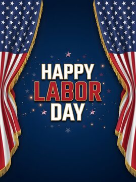 Elegant Happy Labor Day vertical flyer featuring American flag curtains framing bold text on a deep blue sparkling background.