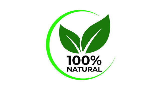 Green circular badge with two stylized leaves and bold text reading 100% NATURAL, symbolizing eco-friendly, organic, or natural products, set against a clean white background, logo, leaf, 100% natural