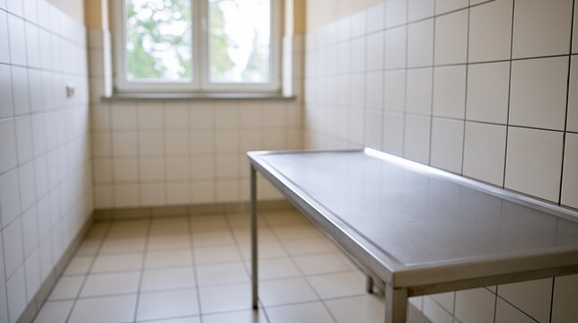 Sterile Autopsy Room with Metal Table and Tiled Walls Illuminated by Natural Light