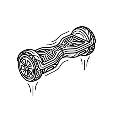 Black and white line art hoverboard illustration.