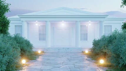 Obraz premium Elegant White Government Building Facade with Pediment, Columns, and Illuminated Pathway at Dusk