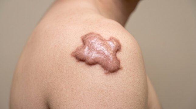Close Up of Raised Keloid Scar tissue on Human Shoulder Skin