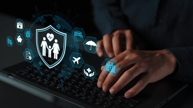 Hands Typing on Laptop with Healthcare and Insurance Icons Representing Digital Health Services in Modern Technology Concept. Entropy.
