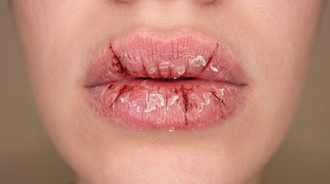 Close Up of Severely Chapped Bleeding Lips and Cracked Skin