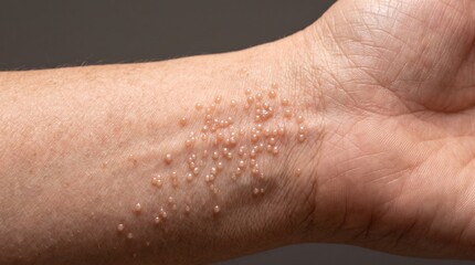 Fototapeta premium Macro View of Small Translucent Vesicles Molluscum Contagiosum Rash on Wrist Skin