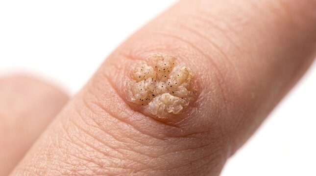 Extreme Close Up of Common Papilloma Verruca Vulgaris Wart on Human Finger