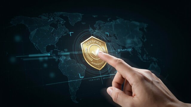Global Digital Certification and Authentication: Hand Touching Certified Badge on World Map Network
