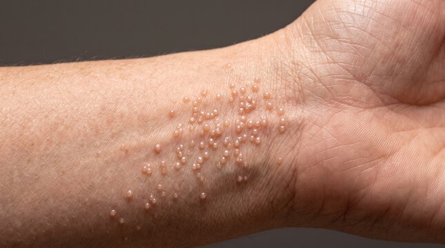 Macro View of Small Translucent Vesicles Molluscum Contagiosum Rash on Wrist Skin