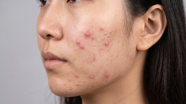 Close Up Profile of Asian Female Face with Acne Vulgaris and Pustules on Cheek