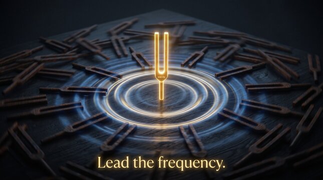 Glowing golden tuning fork radiating a harmonic light wave among chaotic dark iron forks, featuring a quote about leadership and alignment.