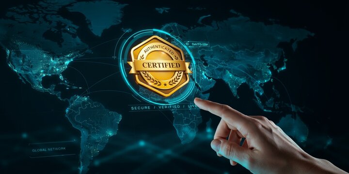 Global Digital Certification and Authentication: Hand Touching Certified Badge on World Map Network