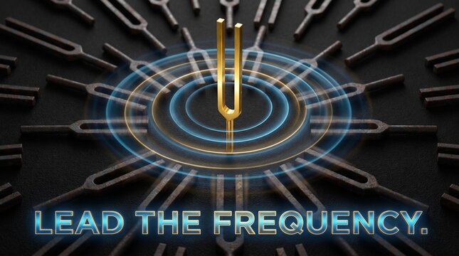 Glowing golden tuning fork radiating a harmonic light wave among chaotic dark iron forks, featuring a quote about leadership and alignment.