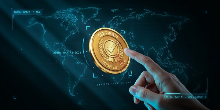 Global Digital Certification and Authentication: Hand Touching Certified Badge on World Map Network