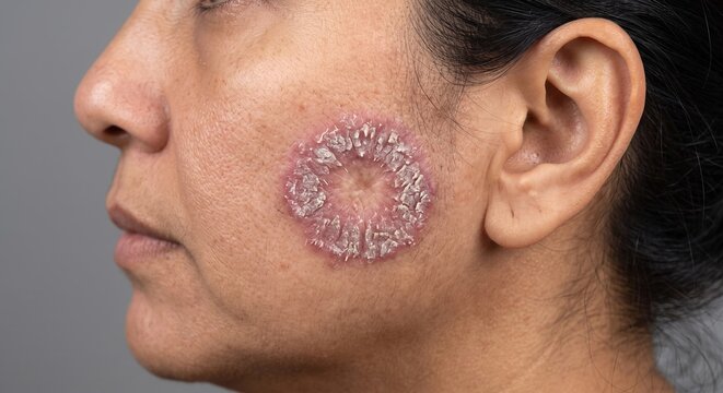 Macro View of Discoid Lupus Erythematosus Scaly Ring Plaque on Woman Cheek