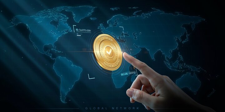 Global Digital Certification and Authentication: Hand Touching Certified Badge on World Map Network