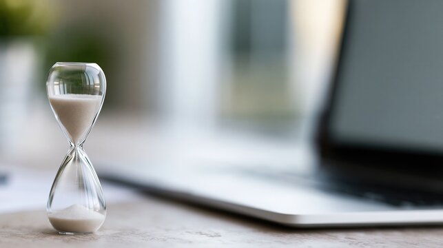 Close-up shot of an hourglass on a desk next to a laptop, symbolizing time management and productivity in the modern workplace.
