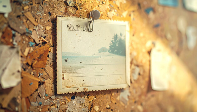Vintage photograph of a serene beach scene pinned to a textured cork board, illuminated by a warm, nostalgic light.