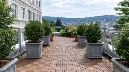 Obraz premium Elegant rooftop terrace with lush potted plants and panoramic city view