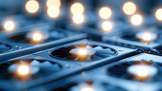 Close-up of illuminated computer graphics cards with cooling fans in a server farm, representing digital technology and data processing