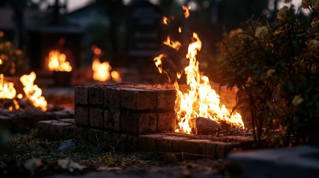 Warm, inviting outdoor brick fire pit crackling with vibrant flames at dusk, casting a cozy glow on surrounding foliage.