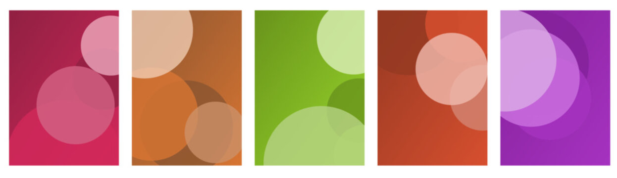 A set of five vertical rectangular panels featuring vibrant solid colors with soft circular bokeh light effects and a modern minimalist artistic style