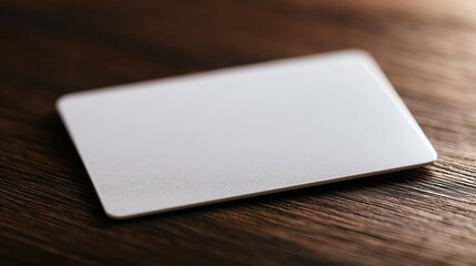 Fototapeta premium A blank white plastic card rests on a dark wooden surface with soft lighting and minimalist composition.