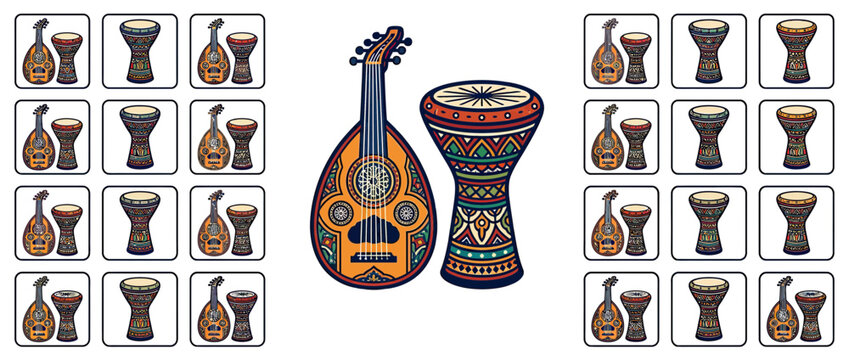 Middle Eastern String and Percussion Instruments Collage