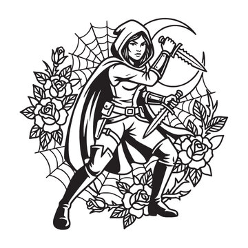 Monochrome vector illustration of a hooded female assassin or rogue character holding dual daggers, featuring fantasy elements like roses, cobwebs, and a crescent moon.
