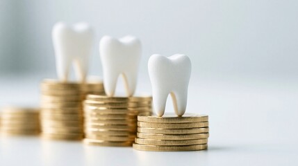 Naklejka na ściany i meble Dental Care Investment Growth Represented by Teeth on Stacked Gold Coins