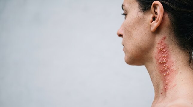 Close Up Side Profile of Herpes Zoster Shingles Vesicular Pustular Rash on Female Neck