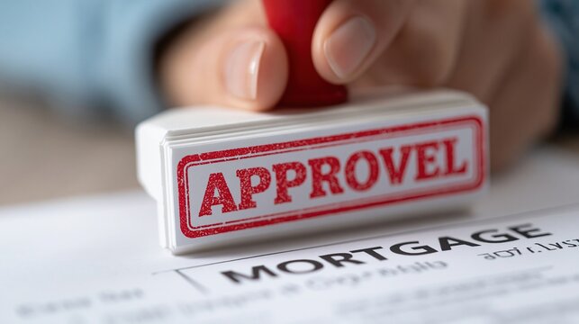 Hand stamping the word APPROVE in red ink on a mortgage document, signifying loan approval and financial success.